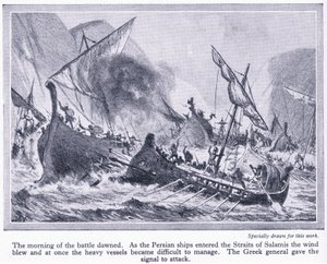 Schlacht von Salamis: Als die persischen Schiffe in die Meerenge von Salamis einfuhren, wehte der Wind und sie wurden schwer zu manövrieren, ca. 1950
