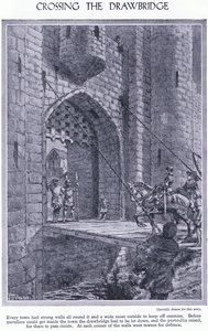 Überquerung der Zugbrücke, jede Stadt hat starke Mauern und einen Graben, eine Zugbrücke und ein Fallgatter zur Verteidigung, ca. 1950 von John Harris Valda
