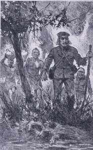 Livingstone schoss auf den Löwen, aber der Löwe griff ihn an, biss seine Schulter und brach seinen linken Arm, Newnes Pictorial Knowledge