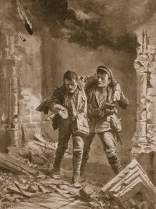 Private A.E. Walker hilft einem verwundeten Kameraden aus einer brennenden Kirche, die als Krankenhaus genutzt wurde