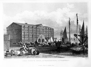 Die Docks und Lagerhäuser des Herzogs, Liverpool, graviert von Thomas Higham, 1829 von John Harwood