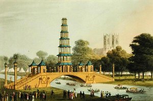 Die chinesische Brücke und Pagode, errichtet im Park zur Erinnerung an den glorreichen Frieden von 1814, graviert von Matthew Dubourg (fl. 1785-20) von John Heaviside (after) Clark