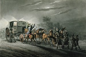 Die Eroberung von Bonapartes Kutsche, Papier und Schatz durch Major von Keller, Waterloo, 18. Juni 1815, graviert von Matthew Dubourg von John Heaviside Clark