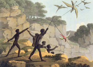 Speerwerfen, Aborigines jagen Vögel aus New South Wales, graviert von Matthew Dubourg, veröffentlicht 1813 von John Heaviside Clark