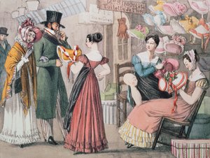 Bei der Modistin (La Marchande de Modes), gedruckt von Charles Joseph Hullmandel, veröffentlicht von Rodwell und Martin von John James Chalon