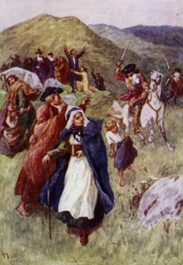 Soldaten vertreiben Menschen, die sich in den schottischen Hügeln zum Gottesdienst versammelt haben (Farblithographie)