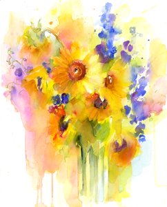 Sonnenblumen und Rittersporn