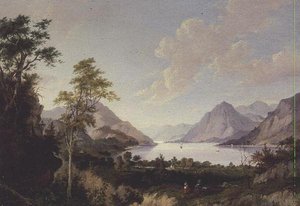 Landschaft mit See und Bergen