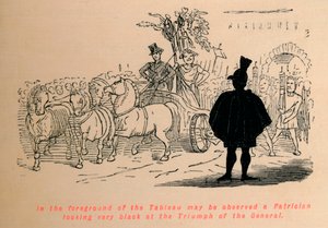 Im Vordergrund des Tableaus ist ein Patrizier zu sehen, der sehr schwarz auf den Triumph schaut