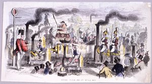 Ansicht des Hyde Parks, die das Aufkommen der Dampflokomotive satirisch darstellt, London, ca. 1850