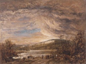 Flusslandschaft, Sonnenuntergang von John Linnell