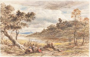 Reisende ruhen sich an einem umgestürzten Baum aus von John Linnell