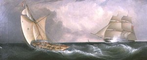 Ein französischer Kutter passiert eine britische Fregatte von John Lynn