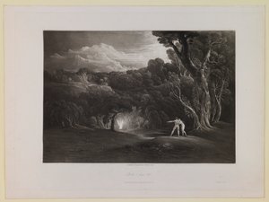 Das Paradies - mit der Annäherung des Erzengels Raphael (Buch 5, Zeile 308), aus „Das verlorene Paradies“ von John Martin