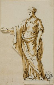 Stehende weibliche Figur mit erhobenem rechten Arm