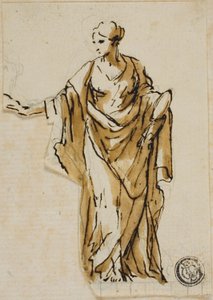 Stehende weibliche Figur mit erhobener rechter Hand