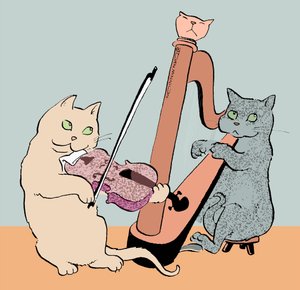 Karikatur von zwei Katzen, die Harfe und Bratsche spielen