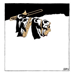 Pinguinband, Karikatur einer Gruppe von Pinguinen, die Blechblasinstrumente spielen - Posaune und Saxophone