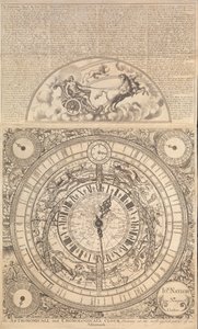 Astronomische und chronologische Uhr, die alle nützlichsten Teile eines Almanachs zeigt (Gravur)