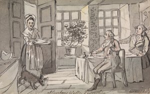 Figuren sitzen an einem Tisch und werden bedient, Crockem Wells, Devonshire