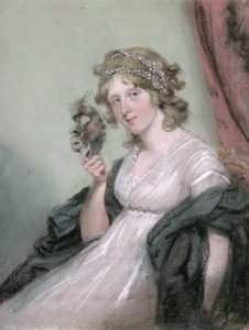 Eine Dame hält eine schwarze Maske, ca. 1795-80