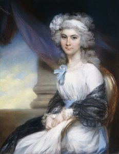 Porträt von Miss Sophia Vansittart, dreiviertel Länge, trägt ein weißes Kleid mit einem weißen Band um ihr gepudertes Haar und einen schwarzen Schal um ihre Schultern, sitzt neben einer klassischen Säule