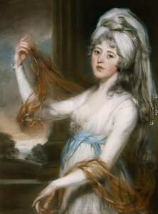 Porträt von Sarah, Ehefrau von Walker King, Bischof von Rochester, Dreiviertellänge, in einem weißen Kleid mit blauem Band von John Russell