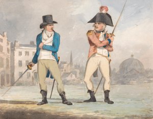Karikatur von zwei Männern mit gezogenen Schwertern (eine von drei)