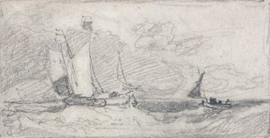 Segelboote und Boote in stürmischer See von John Sell Cotman
