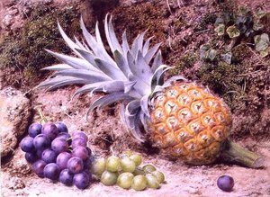 Eine Ananas und Traubenbündel auf einem moosigen Ufer