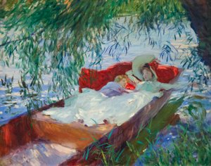Dame und Kind schlafen in einem Kahn unter der Weide von John Singer Sargent