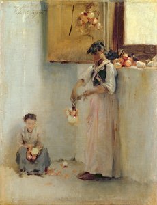Zwiebeln auffädeln, ca. 1882