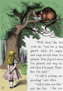 Alice und die Katze, Illustration von Sir John Tenniel für die Erstausgabe von Alice im Wunderland des englischen Schriftstellers Lewis Carroll (Charles Lutwidge Dodgson) (1832-1898)