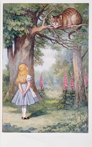 Alice und die Grinsekatze, Alice im Wunderland und Durch den Spiegel und was Alice dort fand, von Lewis Carroll (1832 - 98), veröffentlicht 1911 (farbige Lithographie)
