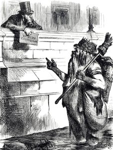 Karikatur, die die Verschmutzung der Themse und die Untersuchungen zu Bestechung bei Wahlen in Great Yarmouth, Reigate und Lancaster kommentiert von John Tenniel