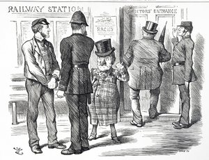 Karikatur über die Forderungen nach einem Blocksystem-Signal, das auf den britischen Eisenbahnen verpflichtend eingeführt werden soll von John Tenniel