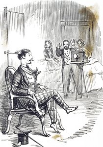 Karikatur, die eine Kopfklammer zeigt, die verwendet wird, um das Subjekt des Fotografen still zu halten von John Tenniel