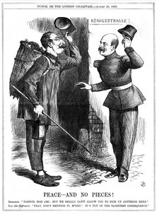 Napoleon III., französischer Kaiser 1852-1870, als Lumpensammler (Chiffonnier) verkleidet, von Otto von Bismarck, dem preußischen Kanzler, gewarnt. Napoleons territoriale Ambitionen führten zum Deutsch-Französischen Krieg von 1870-71. John Tenniel Karikatu von John Tenniel