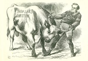 Den (irischen) Stier bei den Hörnern packen: Gesetz, das am 15. Februar 1870 vom Parlament verabschiedet und am 8. Juli die königliche Zustimmung erhielt. Premierminister William Gladstone befasst sich mit dem Thema. John Tenniel Karikatur aus Punch, Londo von John Tenniel
