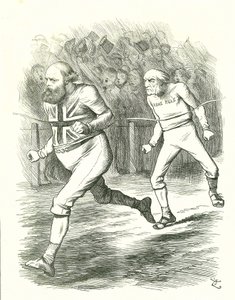 Das Ende: Parlamentswahl 1886. Gladstone (Liberale) ging wegen seines Home-Rule-Gesetzes für Irland ins Land. Salisbury (konservative Opposition) schlägt Gladstone ins Ziel. John Tenniel Karikatur aus Punch, London