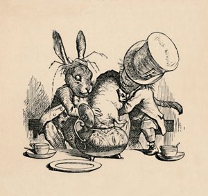 Der verrückte Hutmacher und der März-Hase versuchen, das Murmeltier in eine Teekanne zu stecken, 1889