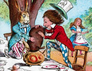Der verrückte Hutmacher und der März-Hase versuchen, das Murmeltier in eine Teekanne zu stecken