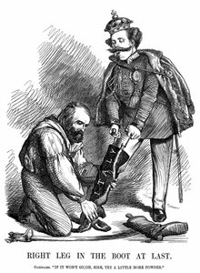 Vereinigung Italiens: Giuseppe Garibaldi (1807-1882) hilft Viktor Emanuel II. (1820-78) den Stiefel Italiens anzuziehen. John Tenniel Karikatur aus Punch, London