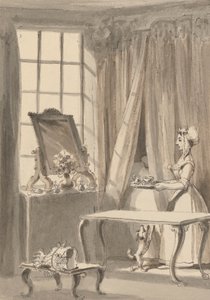 Hogarth hat Frühstück gemacht und schickt seiner Frau eine Tasse, während er gleichzeitig den kleinen Hund in ihr Schlafzimmer lässt
