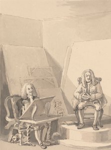 Hogarth Fertigt ein Porträt von H. Fielding für einen Buchhändler an, aus den Zügen von Garrick, der sich eine der Perücken des Autors für diesen Zweck ausgeliehen hat, da es kein echtes Porträt von ihm gibt