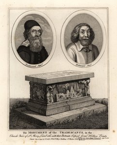 Ovale Porträts der Naturforscher und Sammler John Tradescant der Ältere und Jüngere und ihr Grabdenkmal im Kirchhof von St. Mary Lambeth von John Thomas Smith