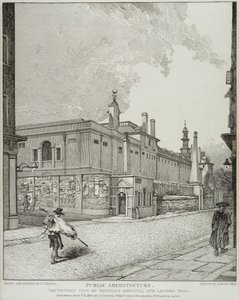 Südwestansicht des Bethlem Hospitals und der Londoner Mauer, 1814 von John Thomas Smith
