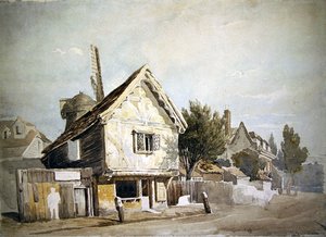 Eine Straße mit alten Häusern, eine Windmühle dahinter von John Varley