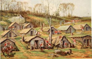 Das Hüttencamp auf der Dyckman-Farm, Illustration aus Relics of the revolution; die Geschichte der Entdeckung der vergrabenen Überreste des militärischen Lebens in Festungen und Lagern auf der Insel Manhattan von Reginald Pelham von John Ward after Dunsmore