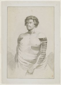 (Gesamte Zeichnung) Porträt eines Häuptlings von Borabora, [Puni?]; ein bärtiger Mann mit stark tätowierten Armen und einem großen Fleck auf seiner linken Seite. Dezember 1777